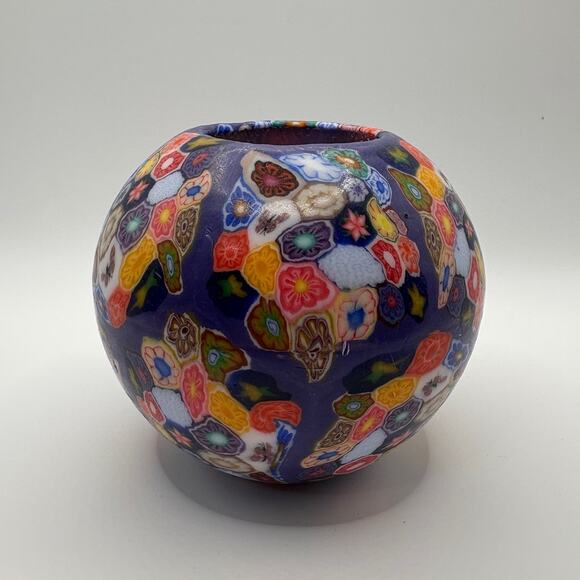 Millefiori Art Glass Candle Holder • Murano Style Murrine Floral Bowl Purple - Picture 2 of 4